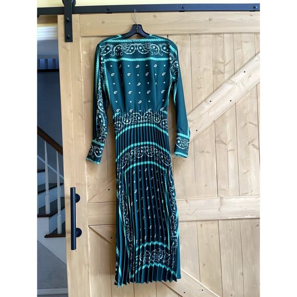 Sandro V Neck Long Sleeve Paisley Print Pleated Midi Dress Green Pattern Small - Picture 5 of 10